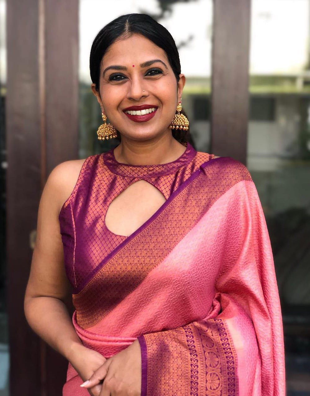 Pink & Violet Soft Silk Saree With Designer Blouse