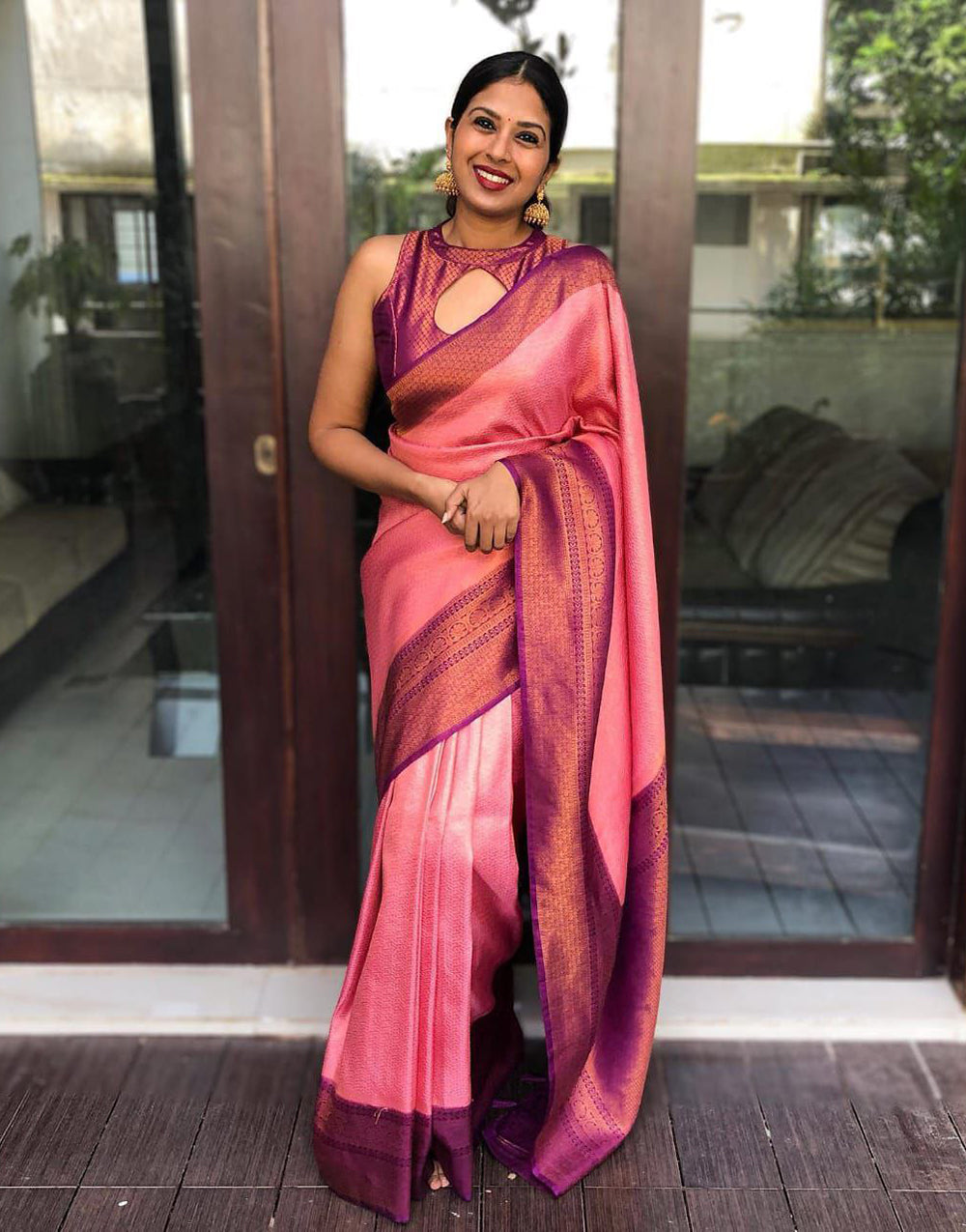 Pink & Violet Soft Silk Saree With Designer Blouse