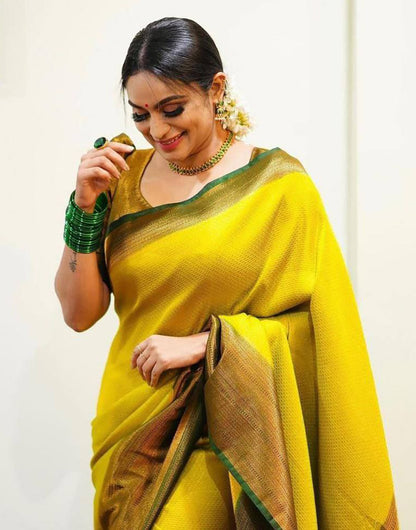 Yellow And Green Colour Soft Silk Saree With Blouse