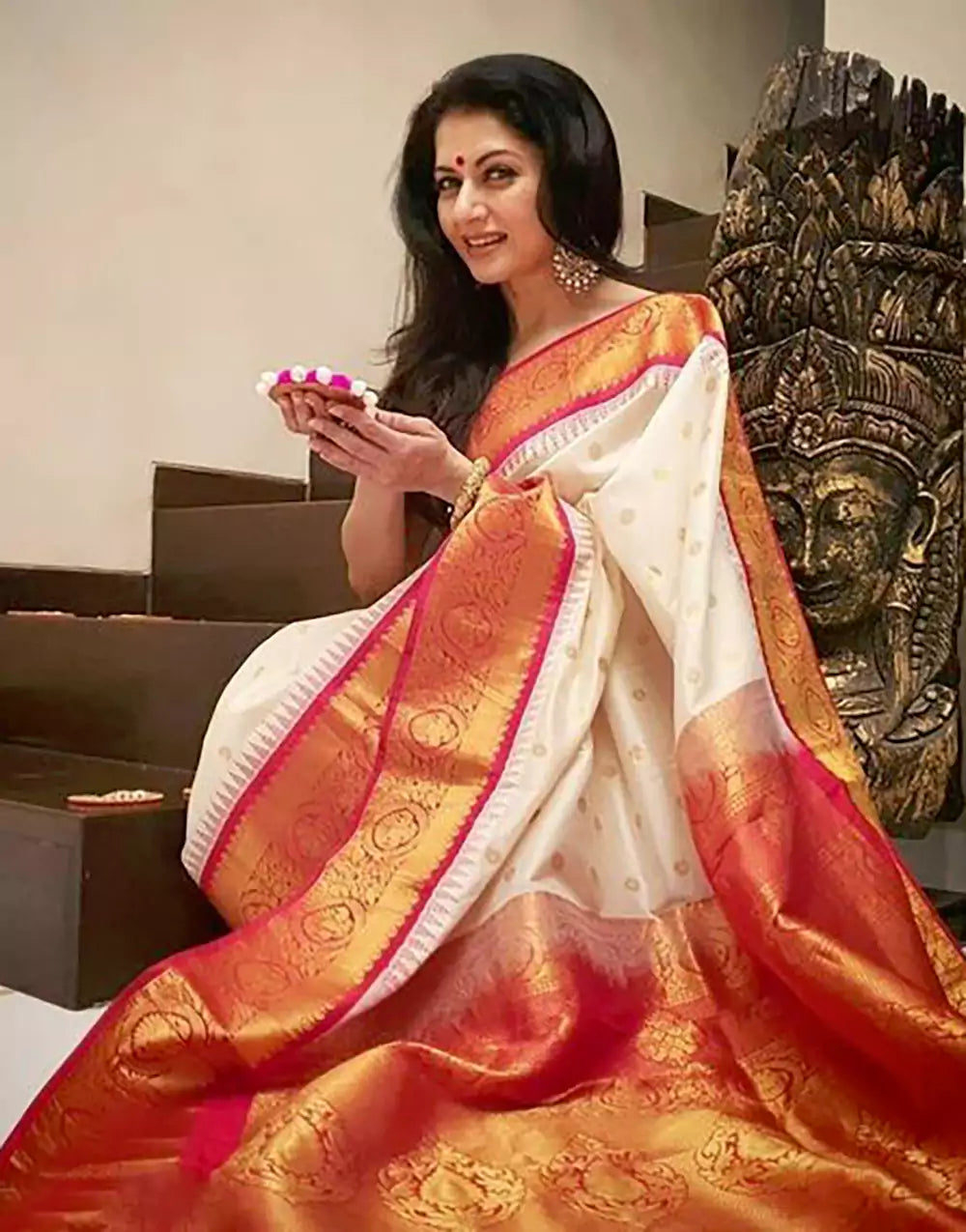 White & Red Soft Lichi Silk Saree With Zari Weaving Work