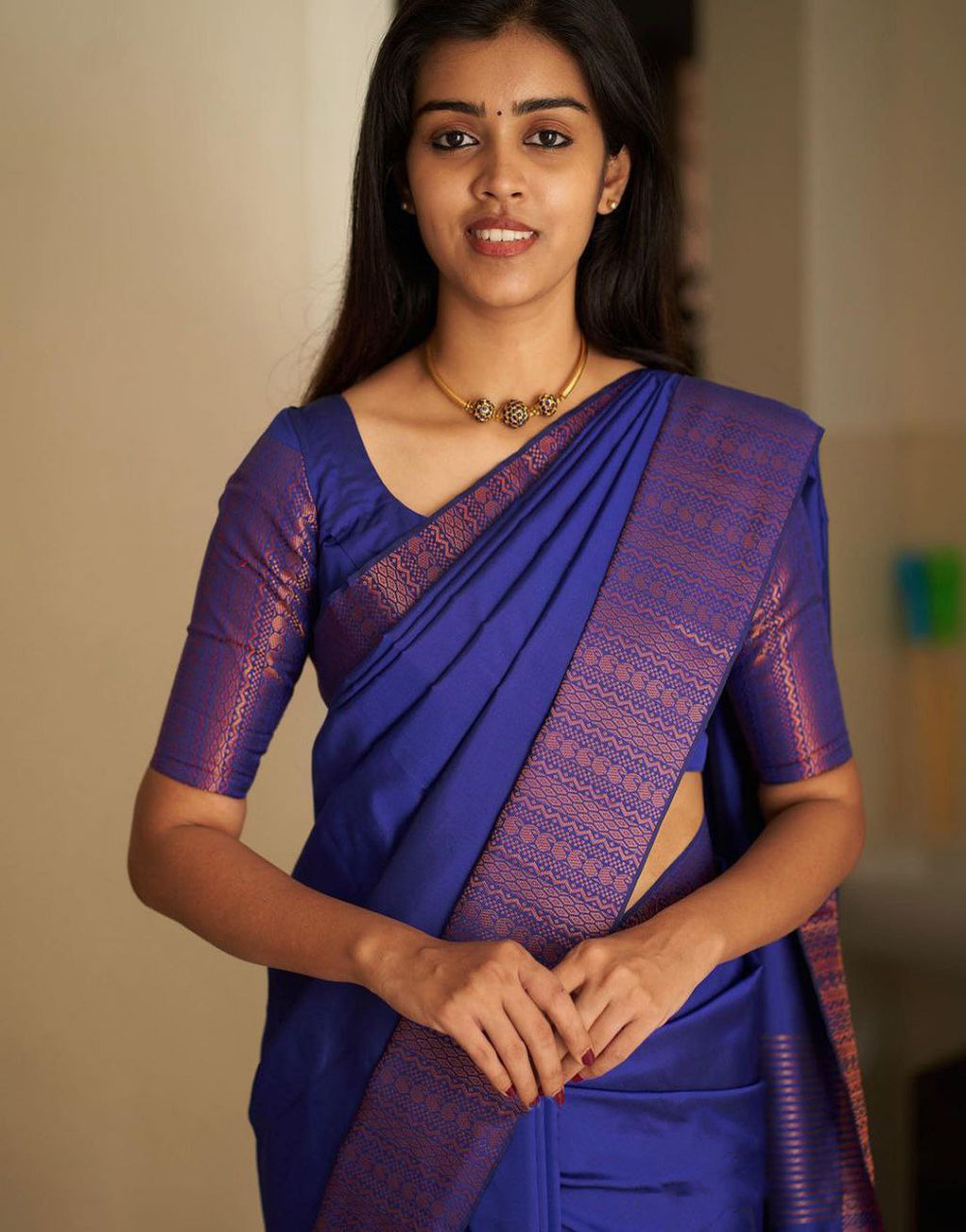 Blue Soft Silk Saree With Matching Blouse