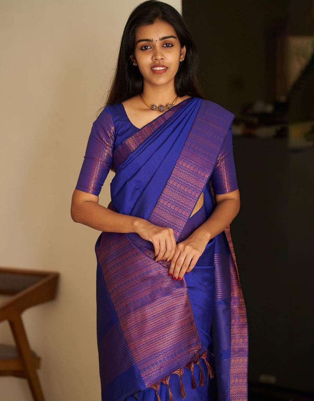 Blue Soft Silk Saree With Matching Blouse