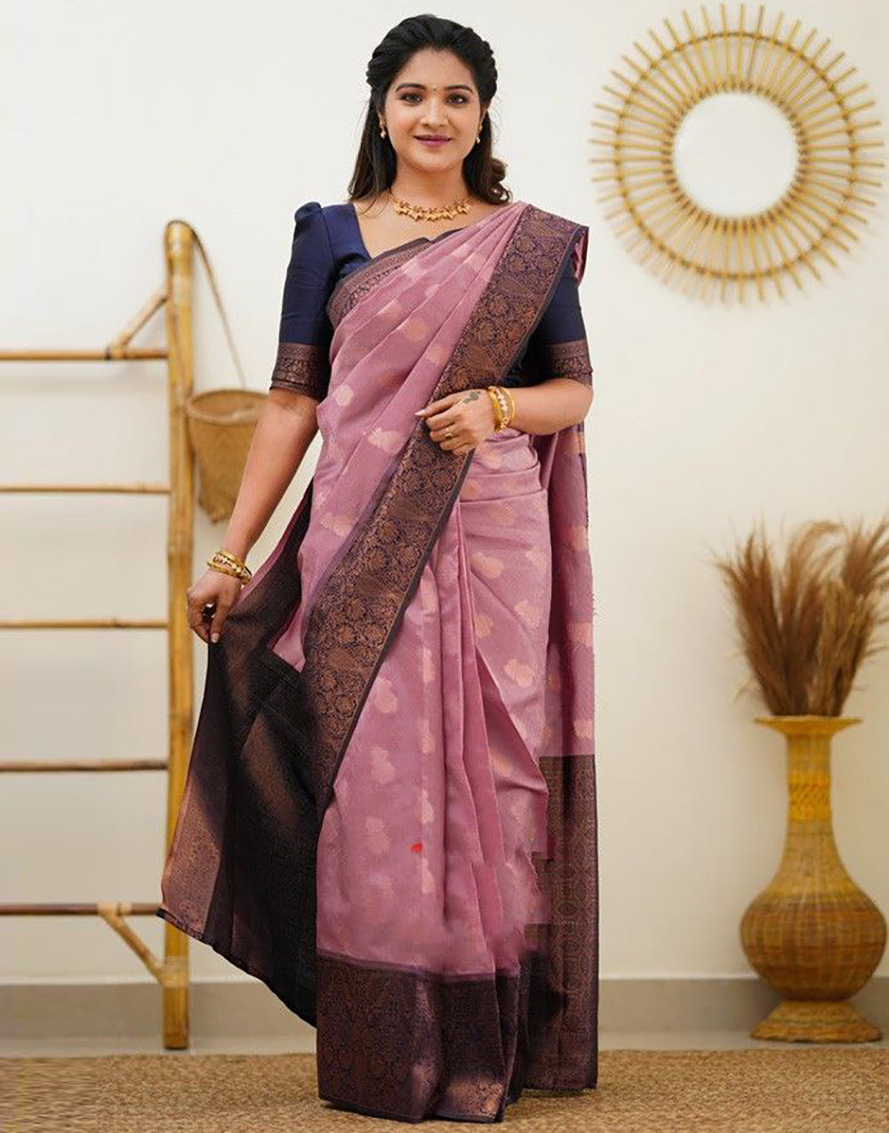 Baby Pink Soft Silk Saree With Copper Zari Weaving