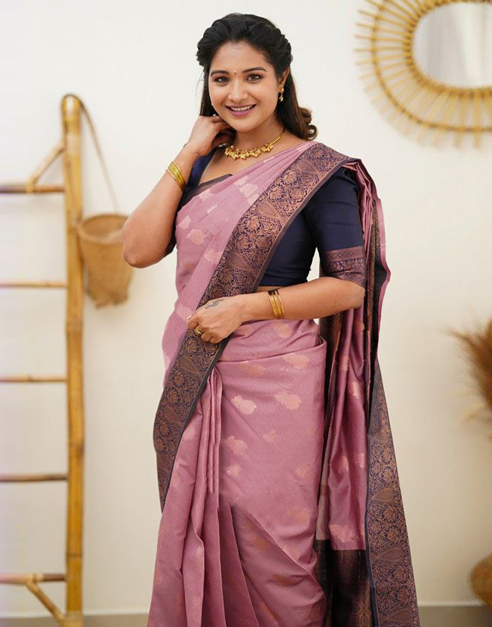 Baby Pink Soft Silk Saree With Copper Zari Weaving