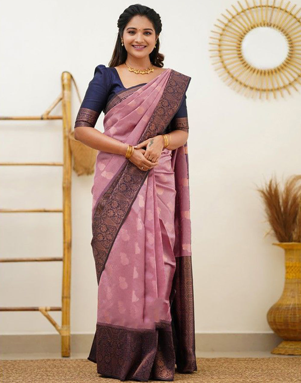 Baby Pink Soft Silk Saree With Copper Zari Weaving
