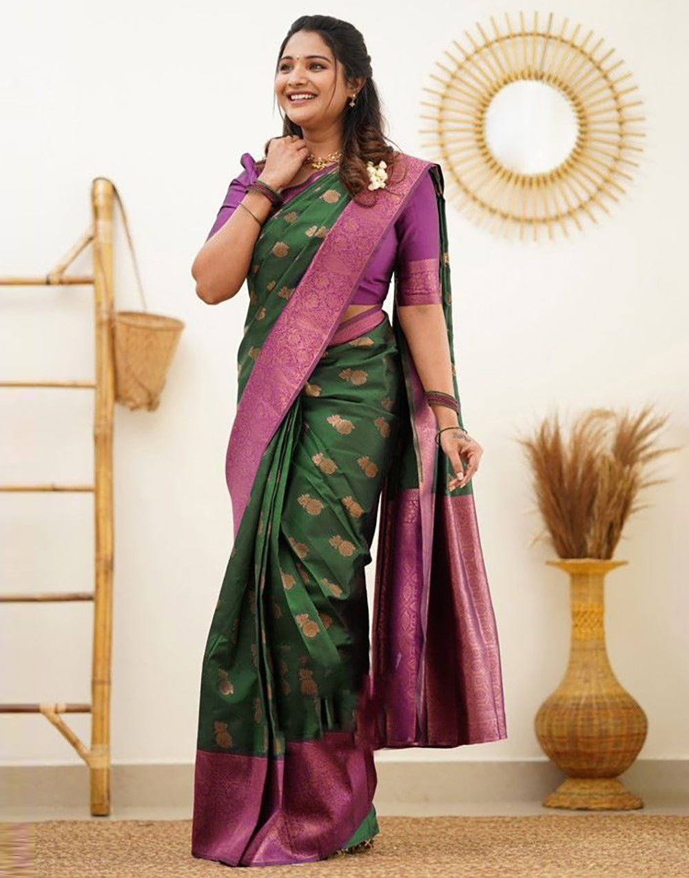Attractive Green Copper Zari Saree With Jaquard border Blouse
