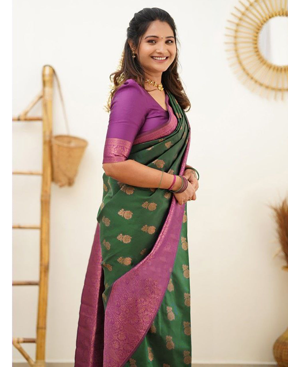Attractive Green Copper Zari Saree With Jaquard border Blouse