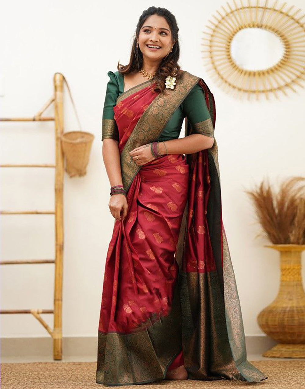 Hot Red Copper Zari Saree With Jaquard border Blouse