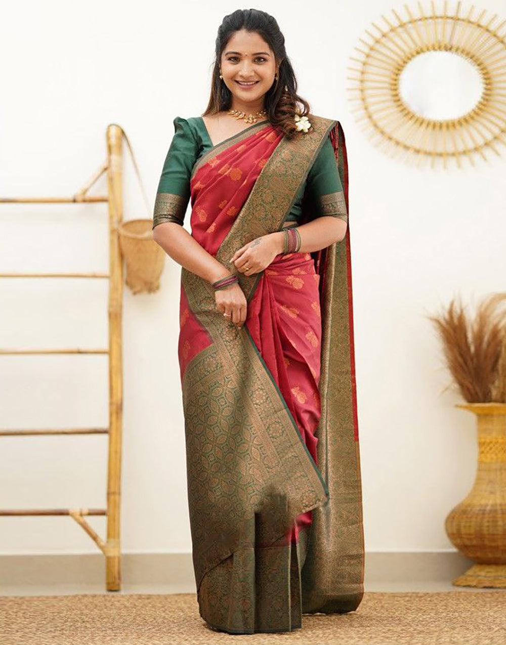 Hot Red Copper Zari Saree With Jaquard border Blouse