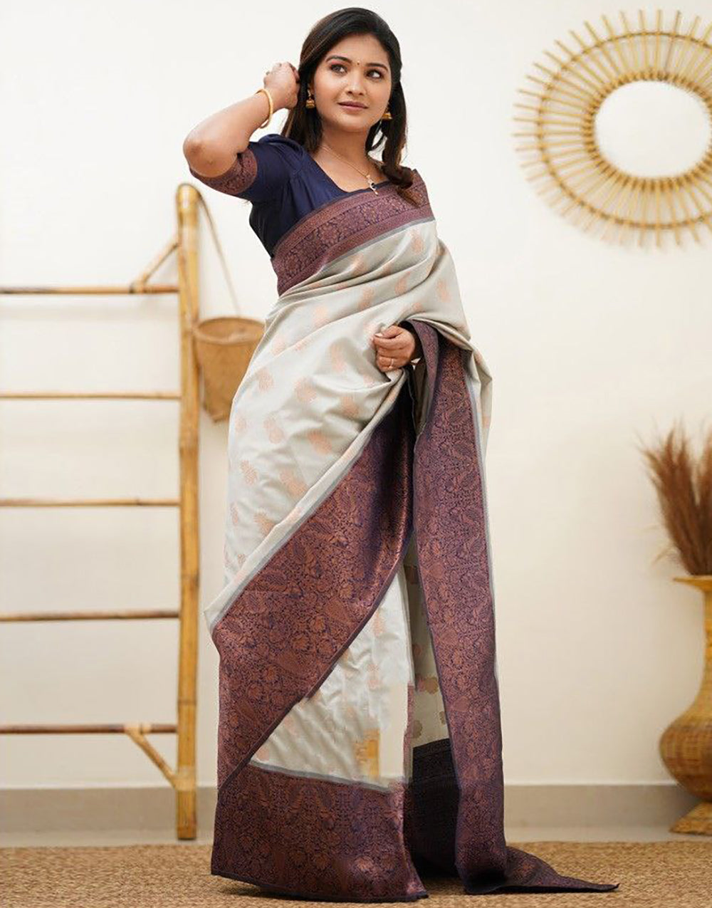White Copper Zari Saree With Jaquard border Blouse