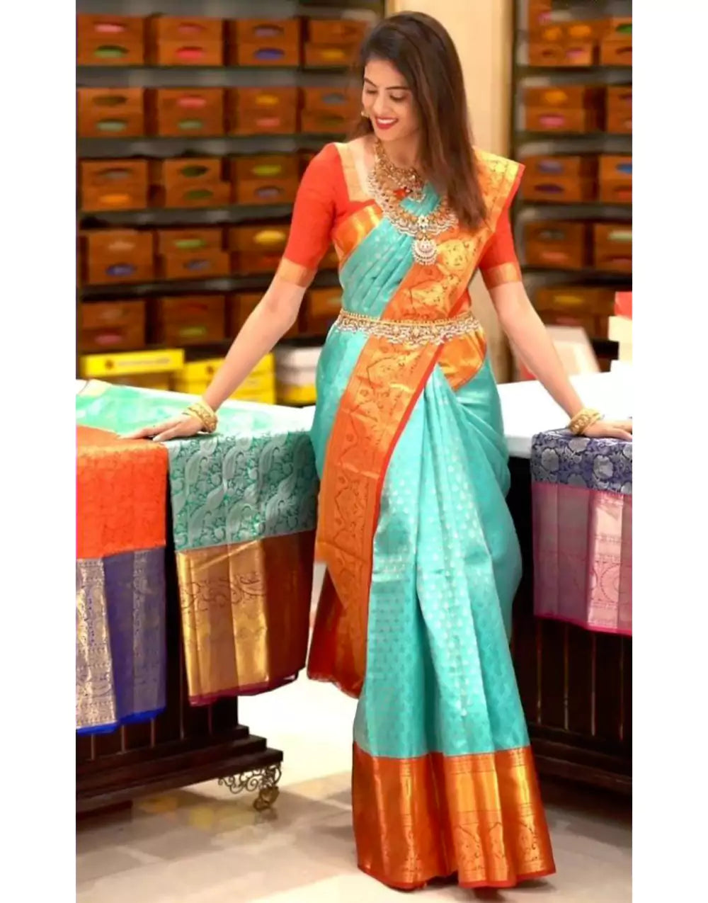 Sky Blue Colour Soft Lichi Silk Red Border Saree