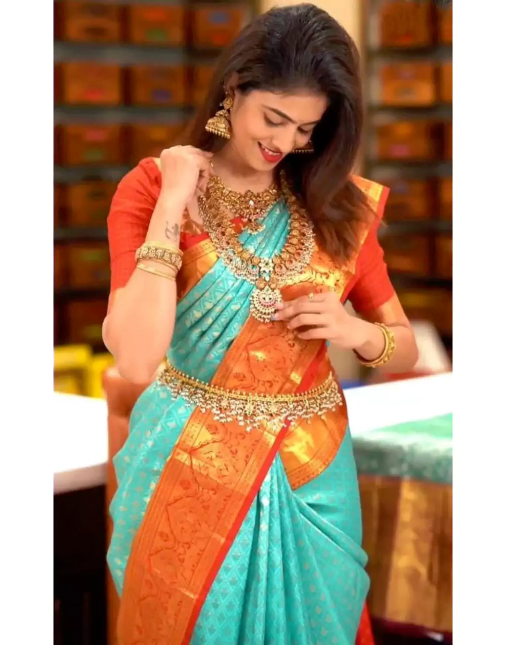 Sky Blue Colour Soft Lichi Silk Red Border Saree