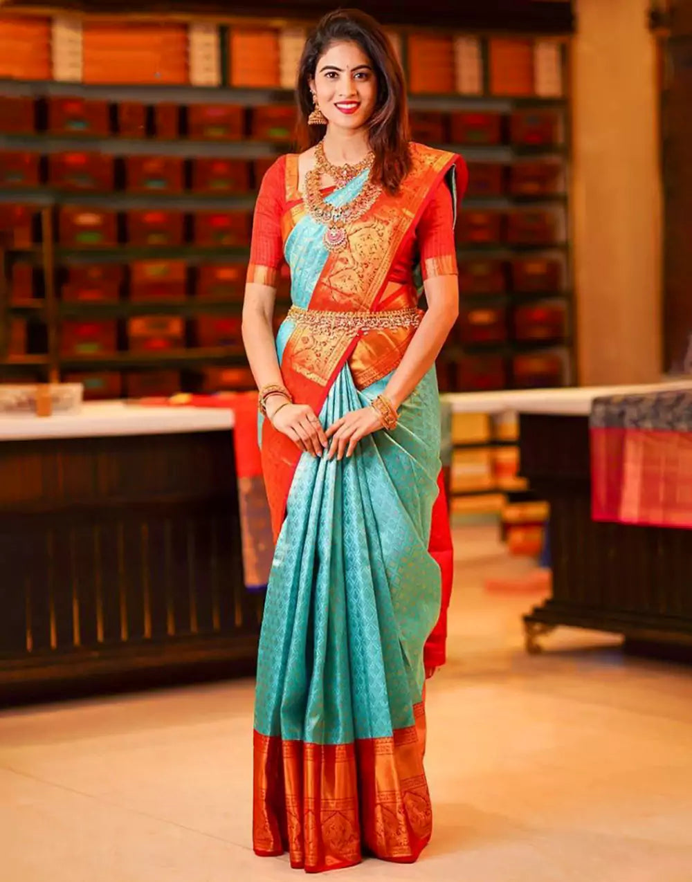 Sky Blue Colour Soft Lichi Silk Red Border Saree