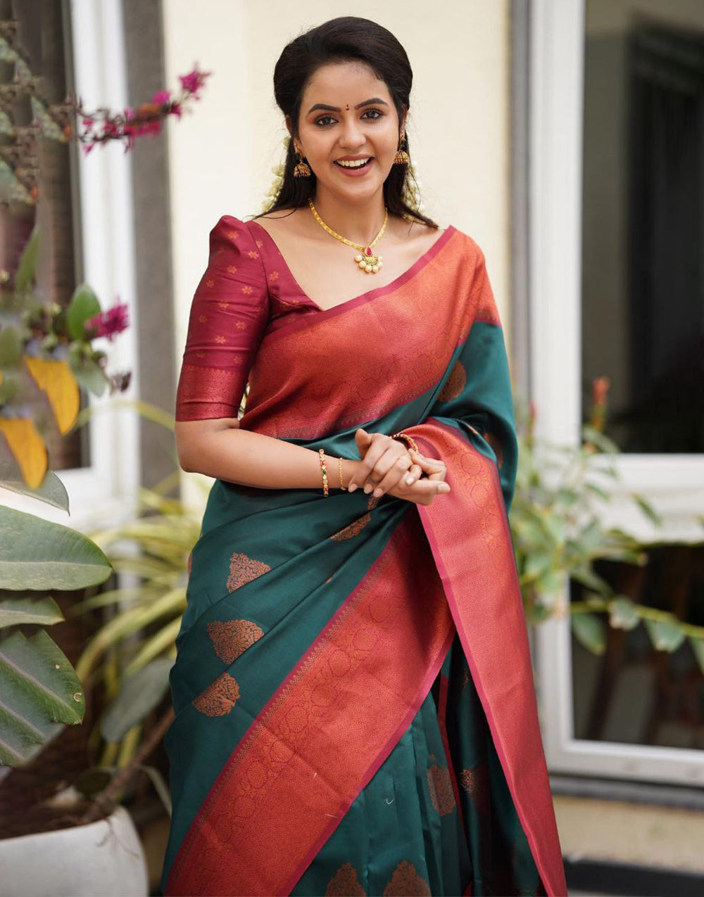Latest Green Soft Silk Saree With Designer Blouse