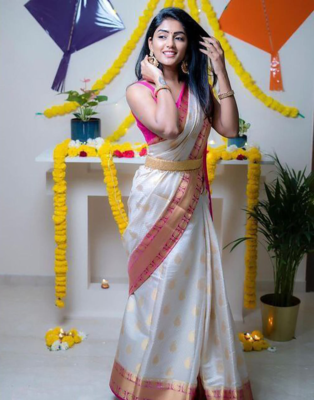 Blush Pink & White Soft Silk Saree With Weaving Work