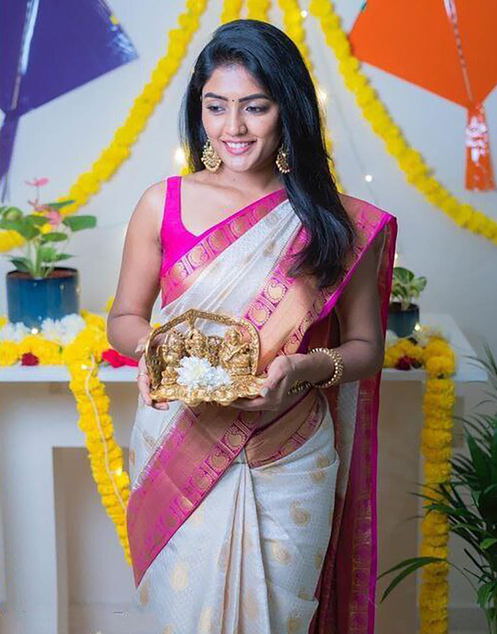 Blush Pink & White Soft Silk Saree With Weaving Work