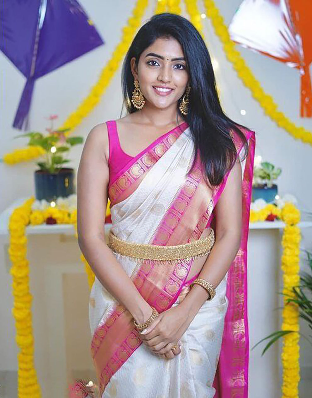 Blush Pink & White Soft Silk Saree With Weaving Work