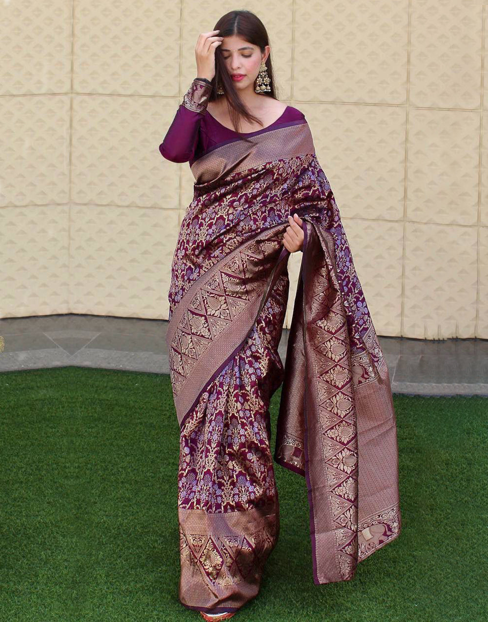 Designer Wine Soft Silk With Weaving Work