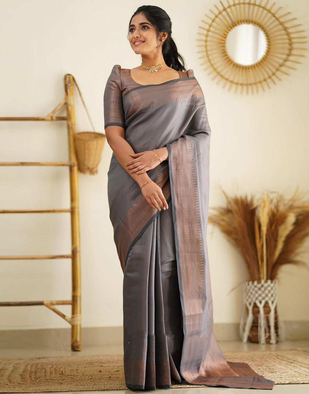 Metal Grey Colour Soft Silk Saree With Weaving Work