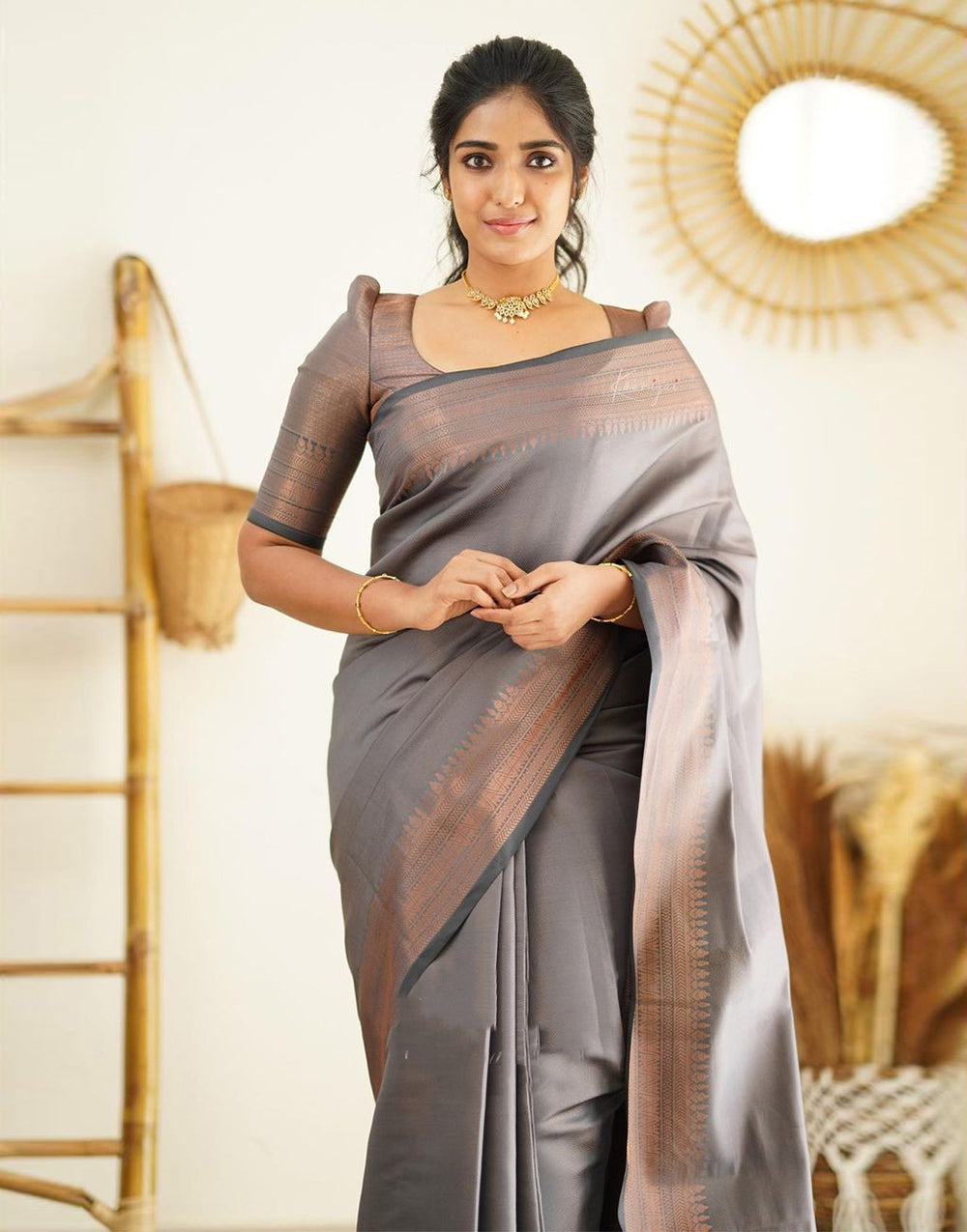Metal Grey Colour Soft Silk Saree With Weaving Work