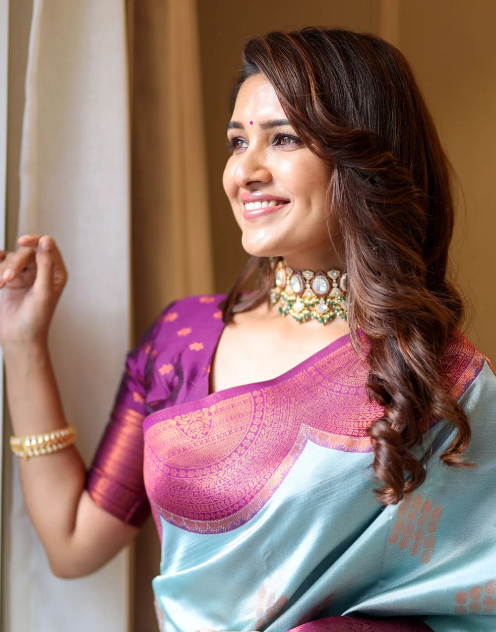 Sky Blue & Violet Soft Silk Saree With Beautiful Pallu
