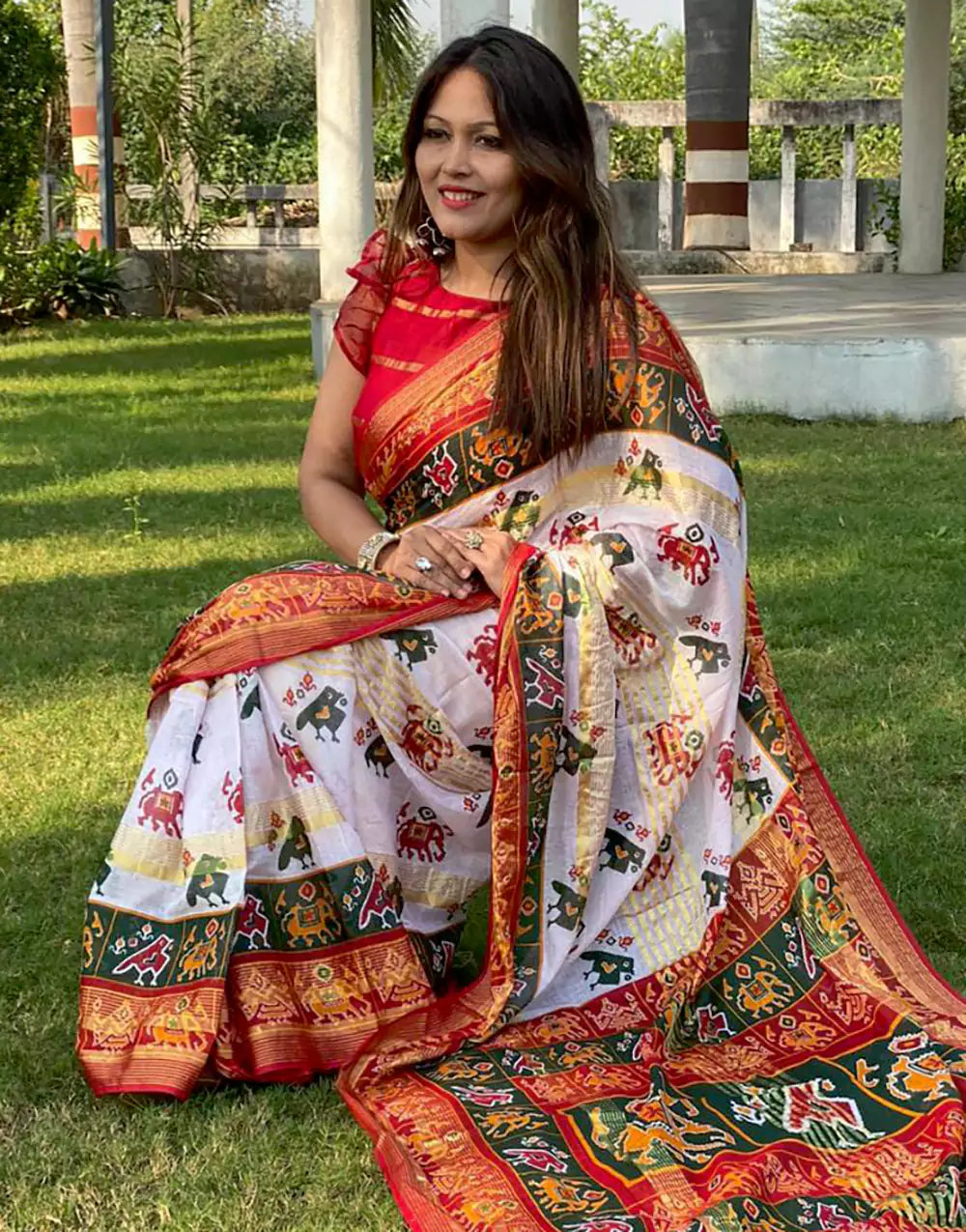 Beautiful White & Red Cotton Patola Saree