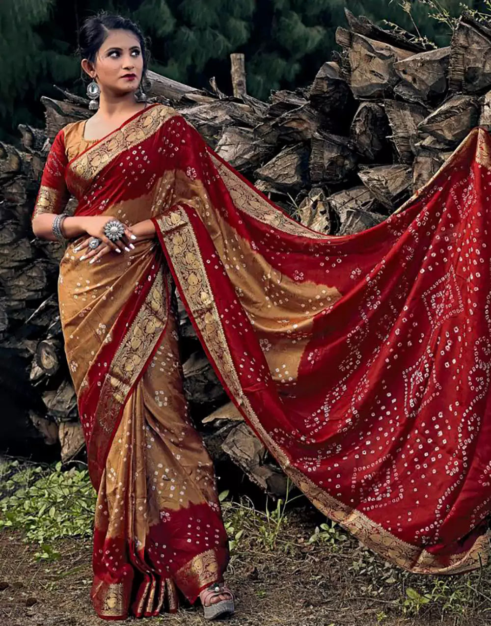 Brown & Maroon Hand Bandhej Bandhani Saree With Weaving Border