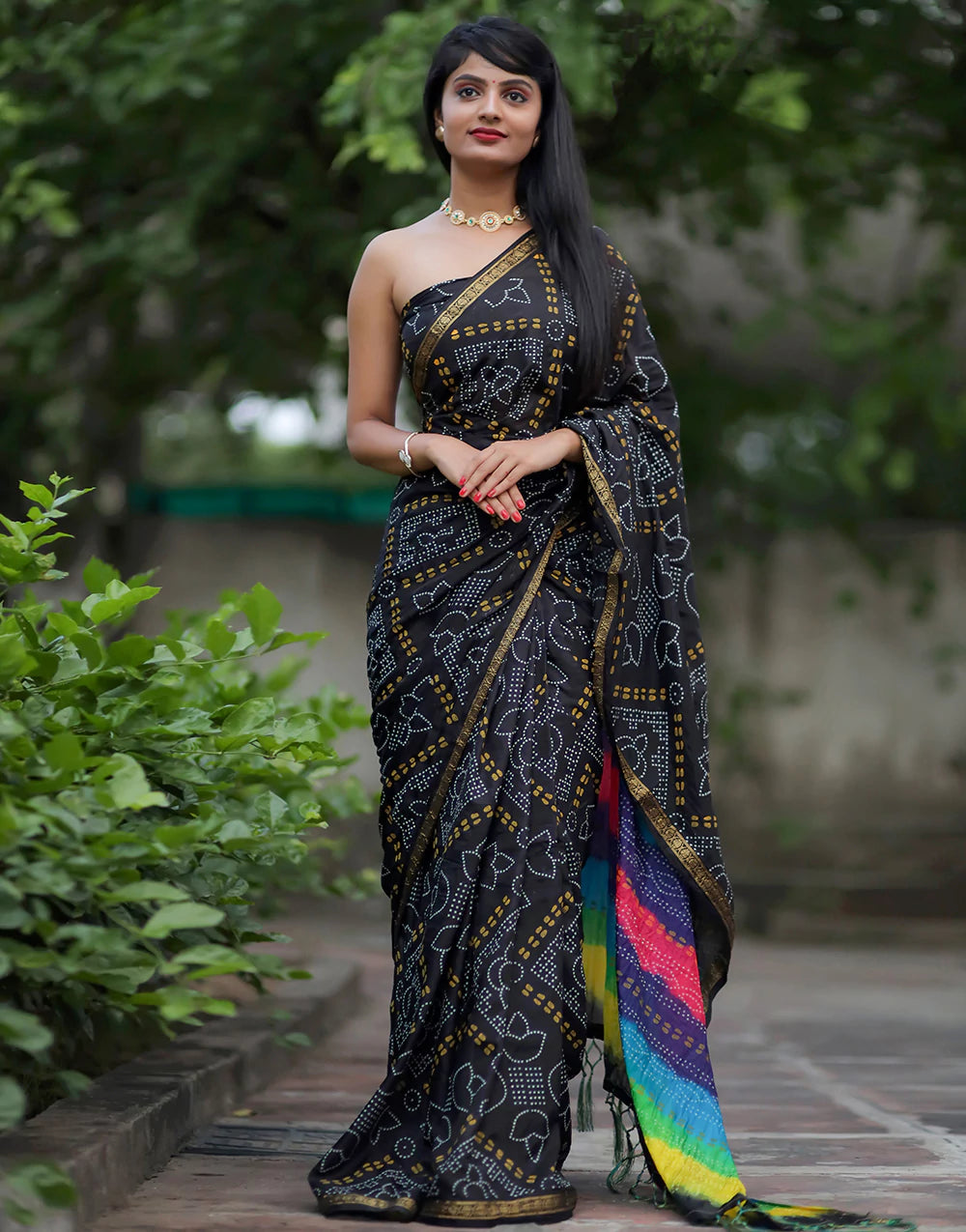 Black Soft Cotton Silk Hand Bandhej Bandhani Saree