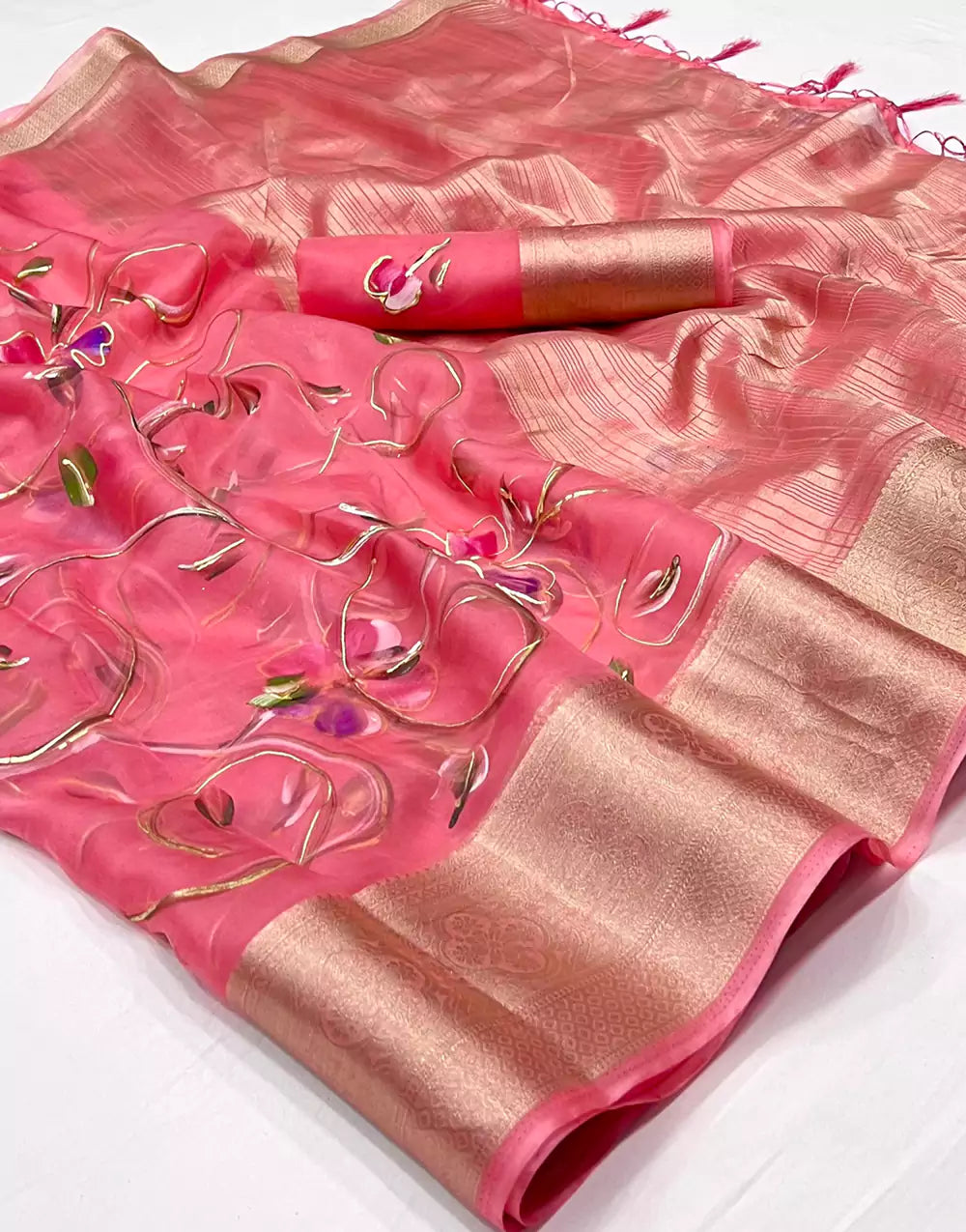 Gajari Color Organza Silk Saree With Zari Weaving