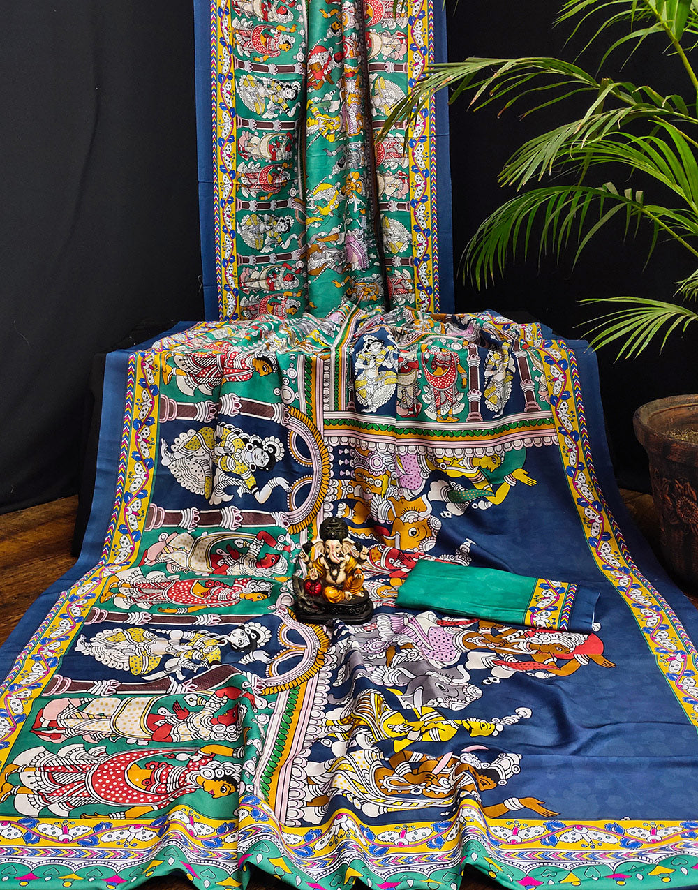 Blue Muslin Silk Saree With Kalamkari Printed Work