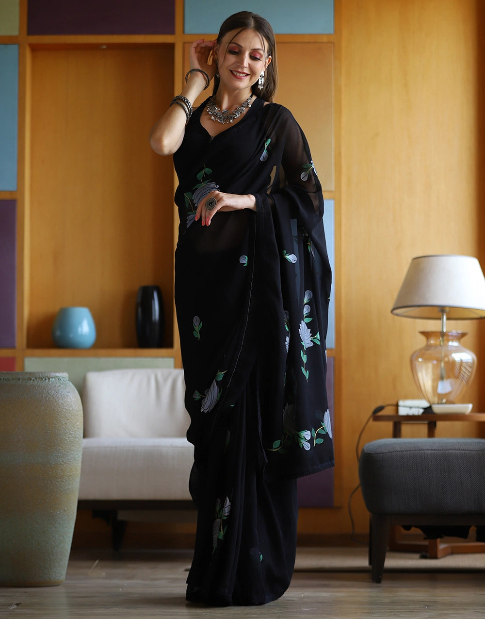 Latest Printed Black Colour Georgette Saree