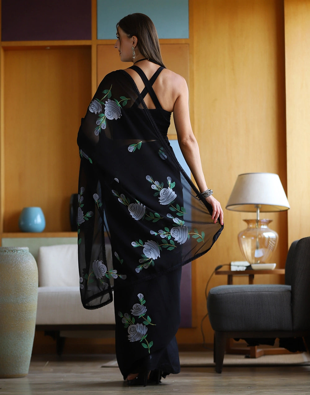 Latest Printed Black Colour Georgette Saree
