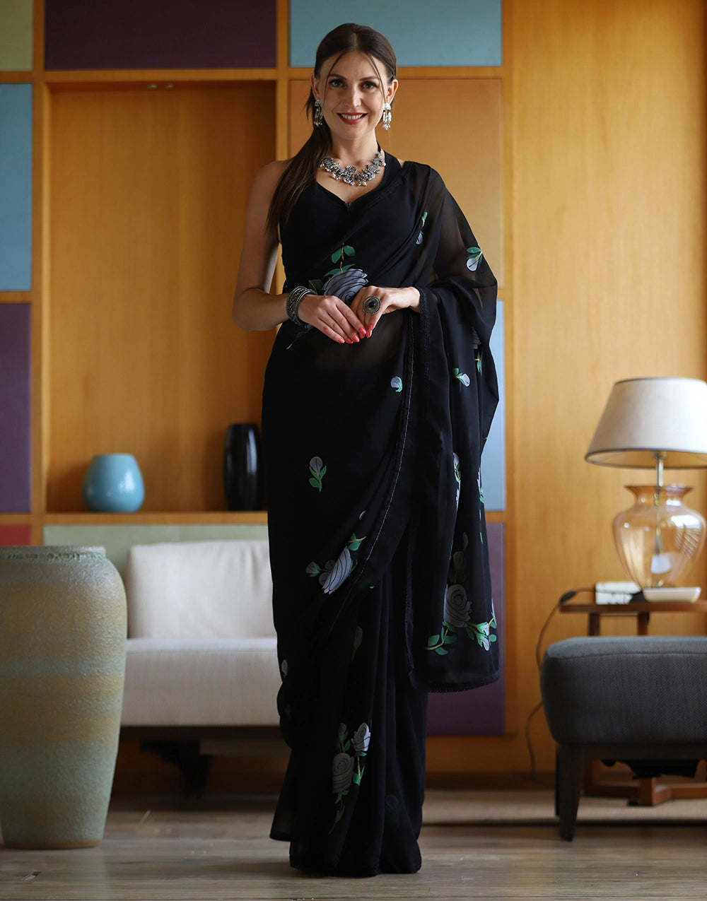 Latest Printed Black Colour Georgette Saree
