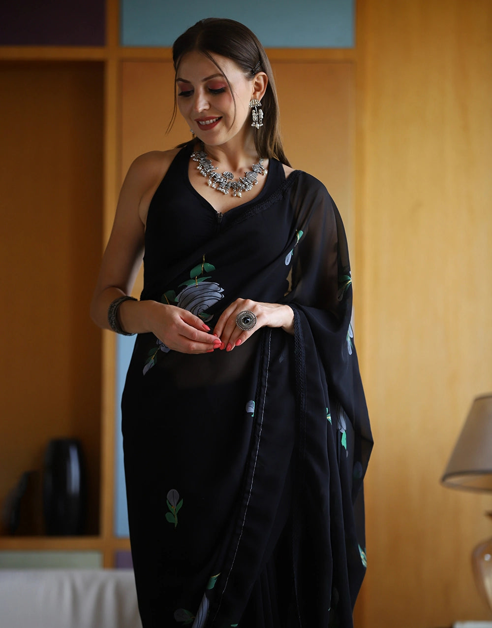 Latest Printed Black Colour Georgette Saree