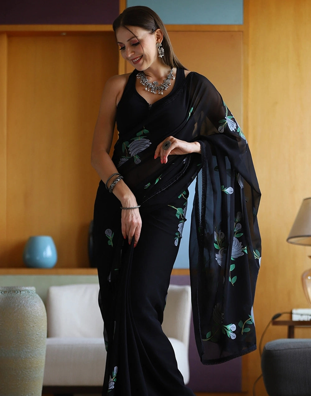 Latest Printed Black Colour Georgette Saree
