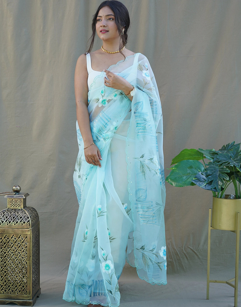 New Light Blue Color Organza Floral Hand Print Work