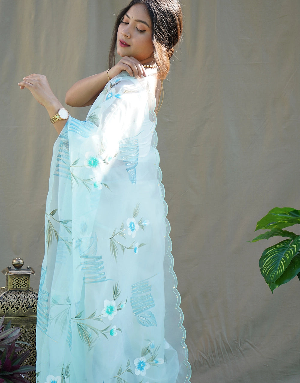 New Light Blue Color Organza Floral Hand Print Work