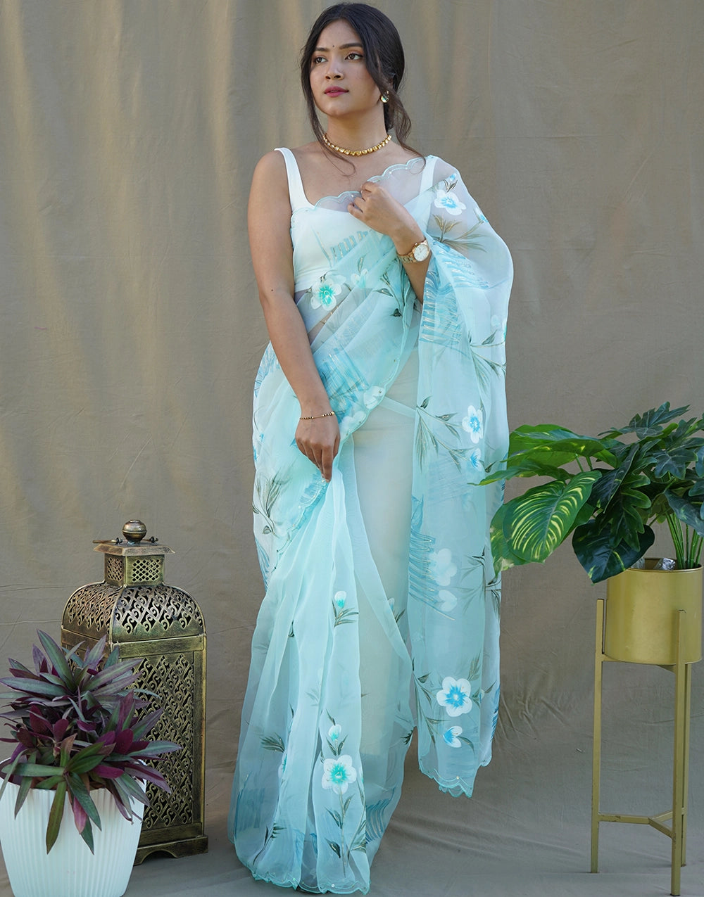 New Light Blue Color Organza Floral Hand Print Work