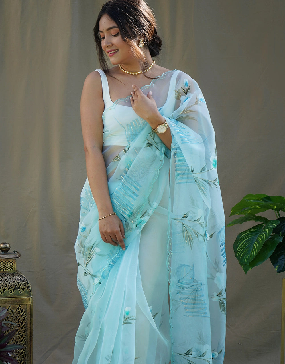 New Light Blue Color Organza Floral Hand Print Work
