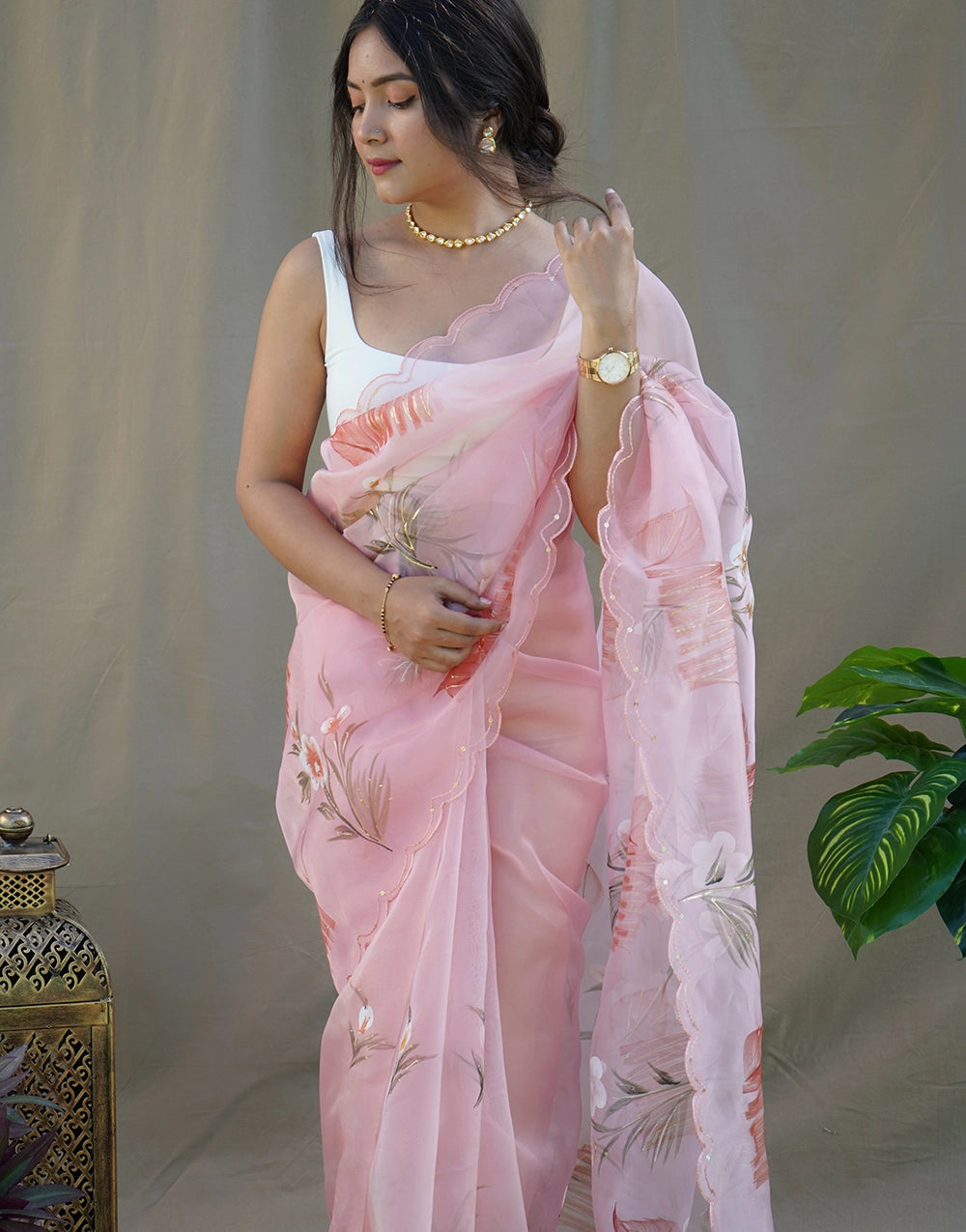 New Pink  Color Organza Floral Hand Printed Saree