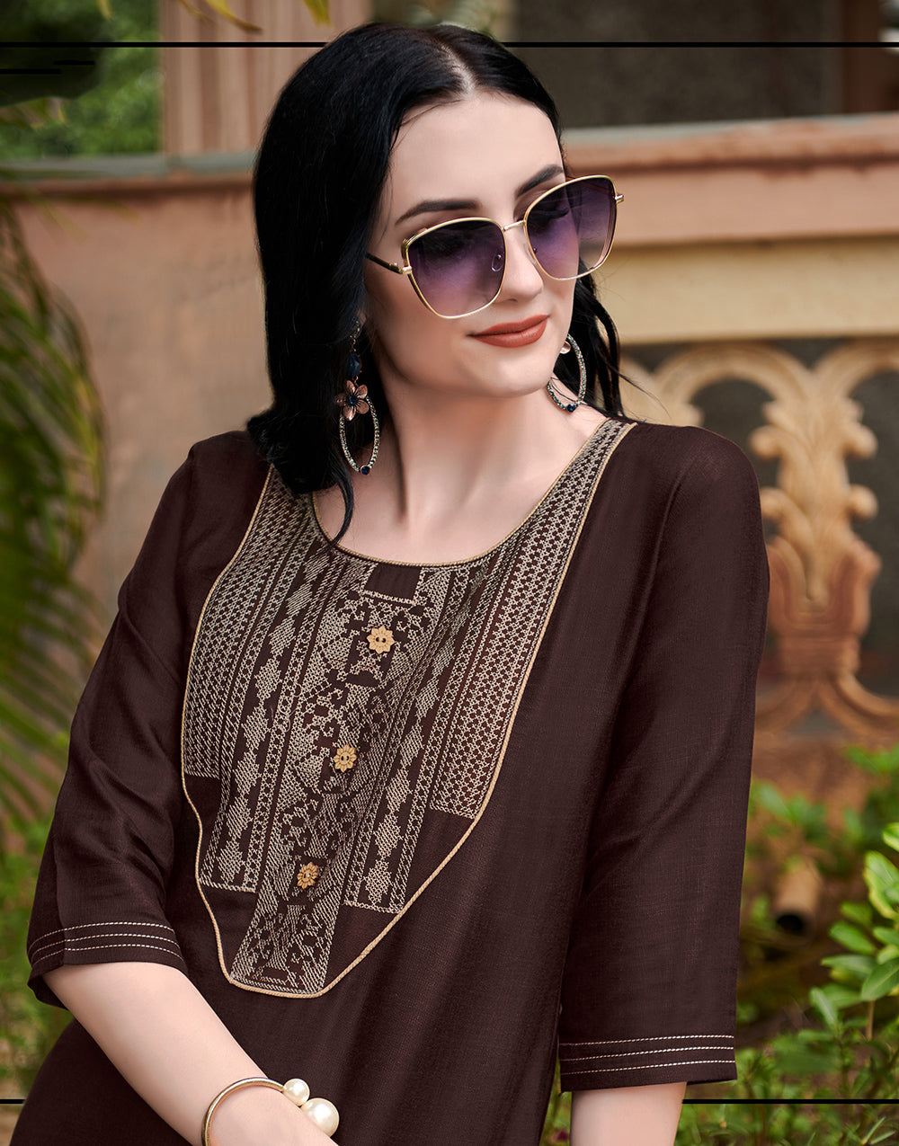 Brown Cotton With Heavy Embroidery Work Kurti