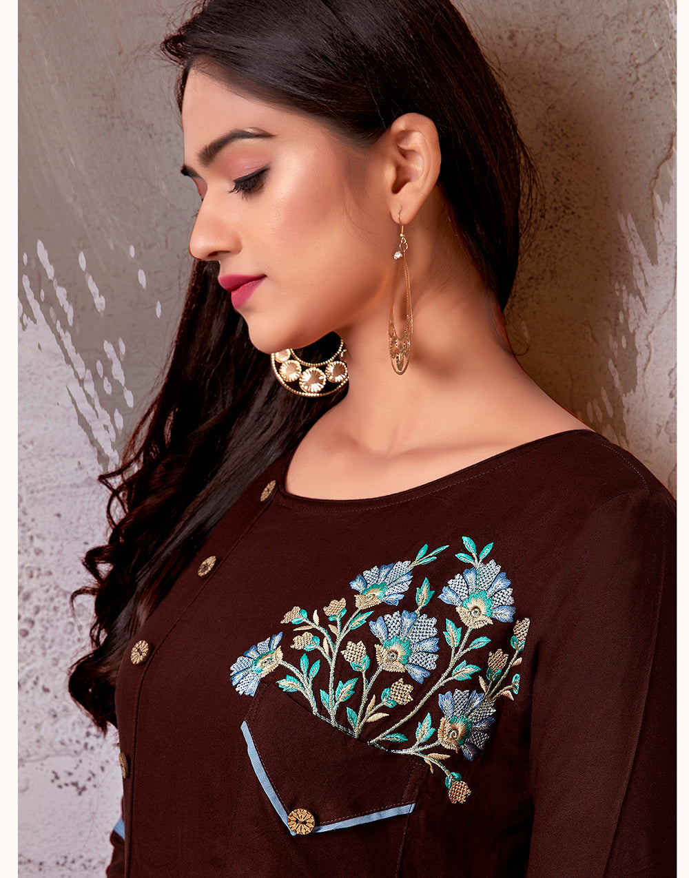 Walnut Brown Rayon Cotton With Heavy Embroidery Long Kurti