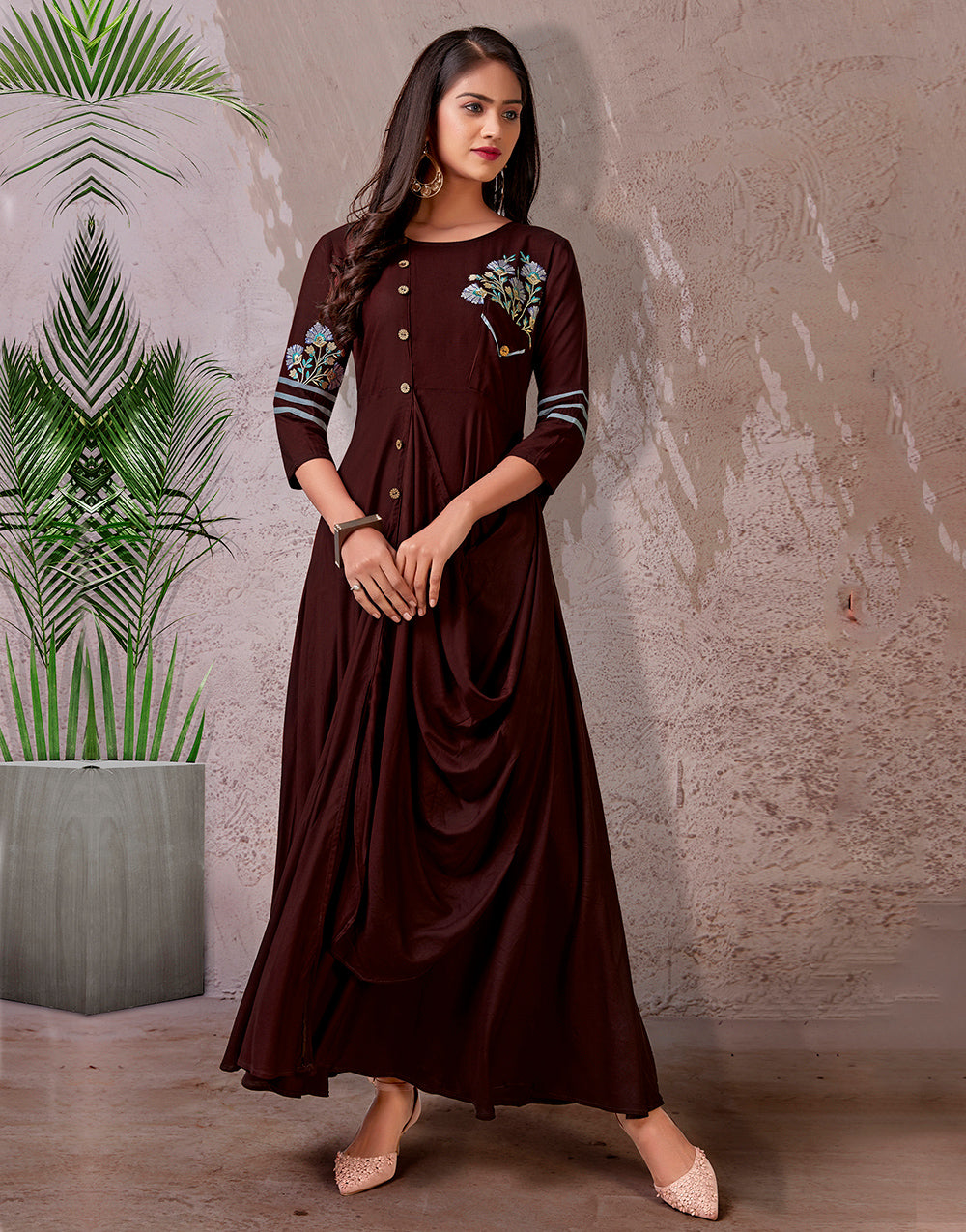 Walnut Brown Rayon Cotton With Heavy Embroidery Long Kurti