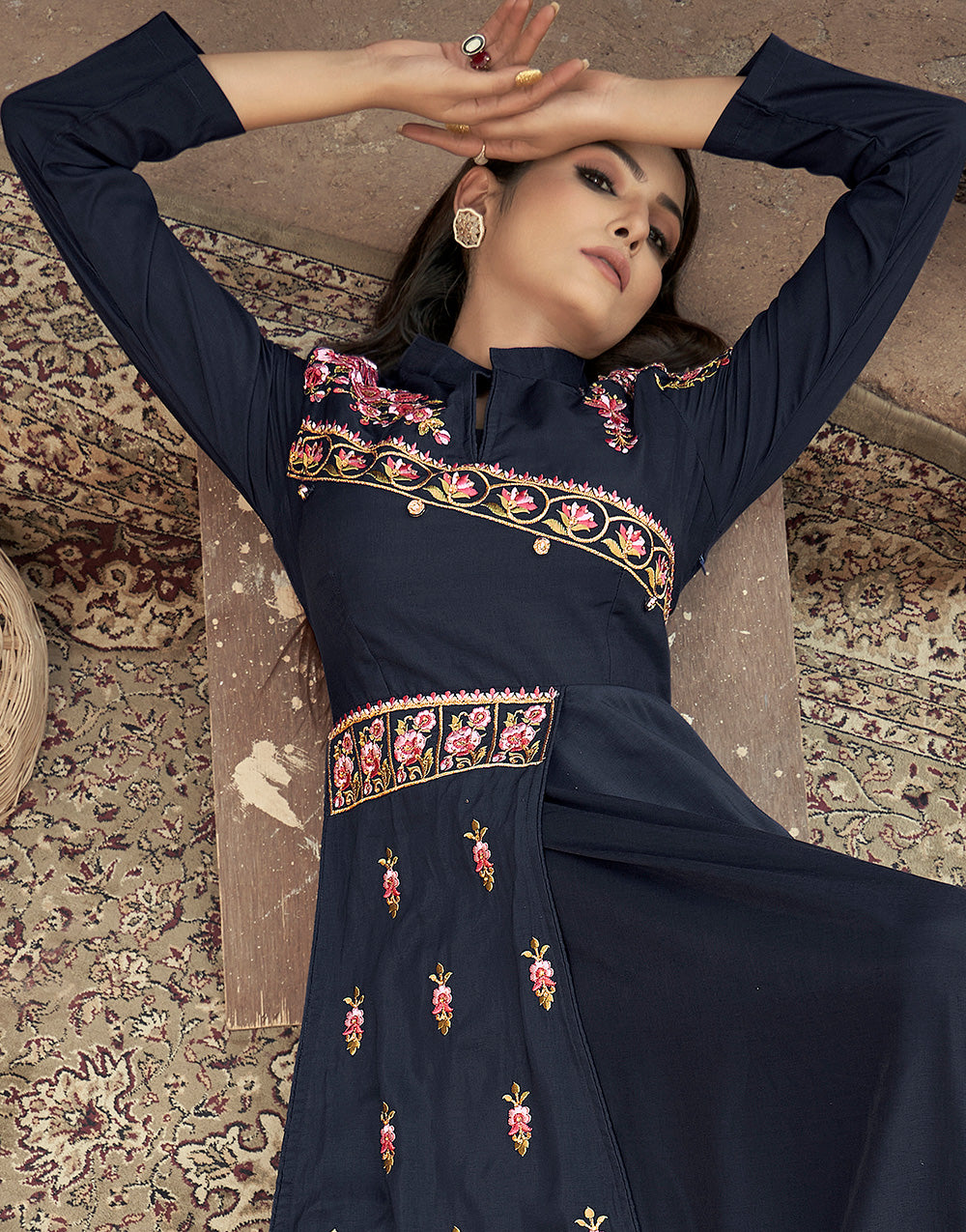 Black Muslin With Heavy Embroidery Work Gown