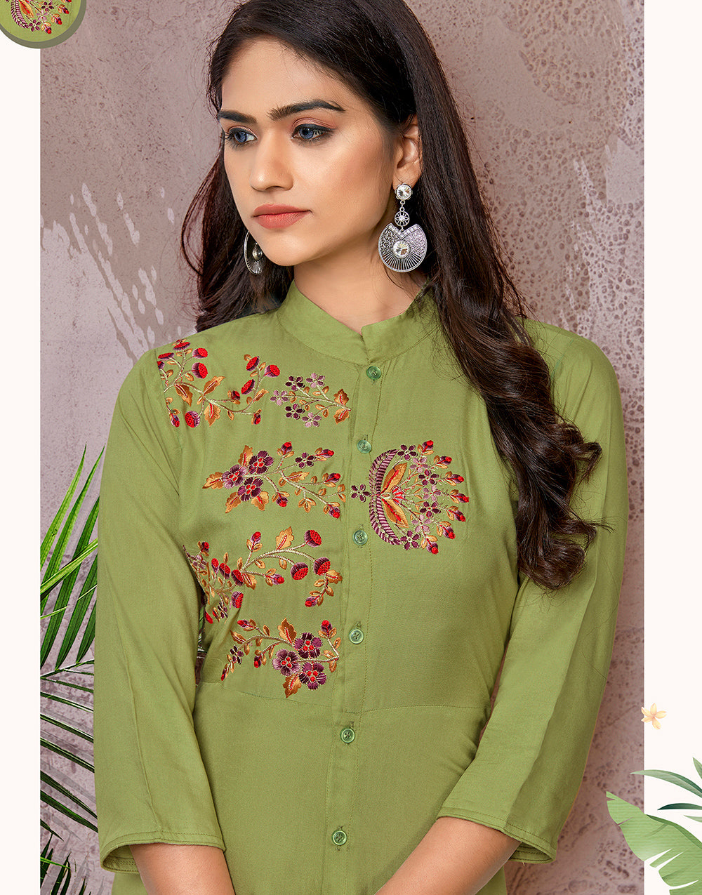 Parrot Green Rayon Cotton With Heavy Embroidery Long Kurti