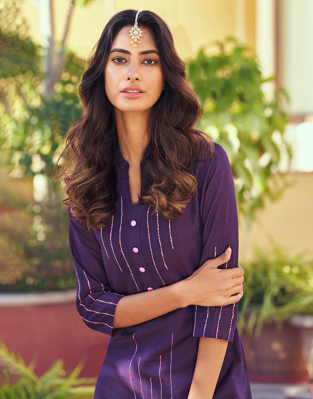 Purple Roman Silk With Embroidery Work Party Kurti