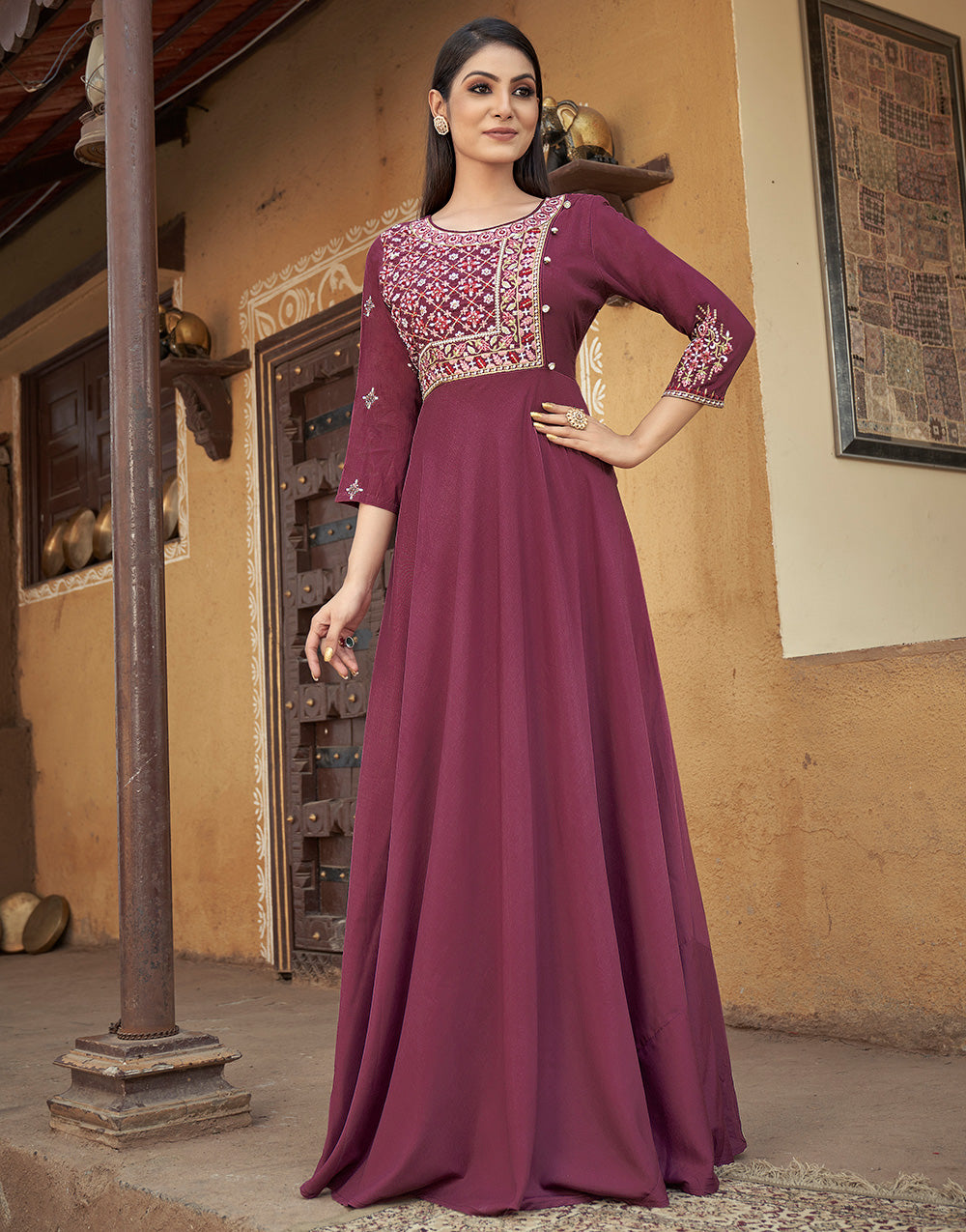 Light Wine Muslin Embroidery Work Gown