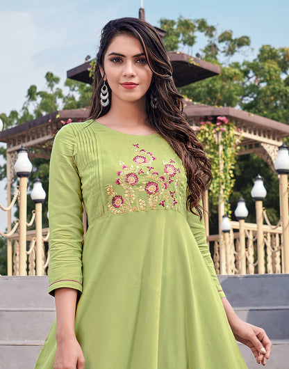 Pista Green Rayon Cotton With Heavy Embroidery Work Long Kurti