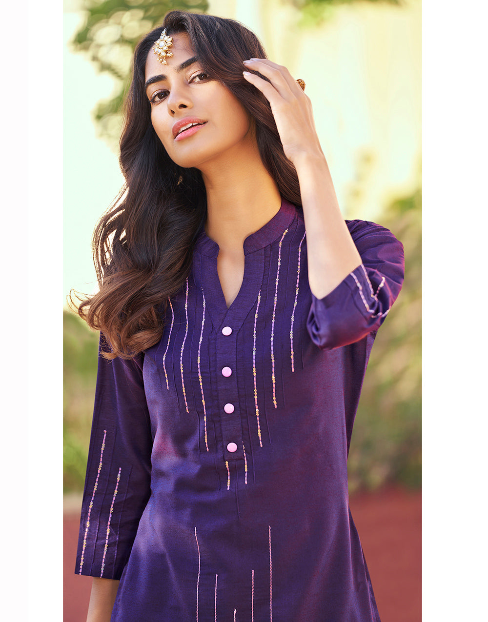 Purple Roman Silk With Embroidery Work Party Kurti