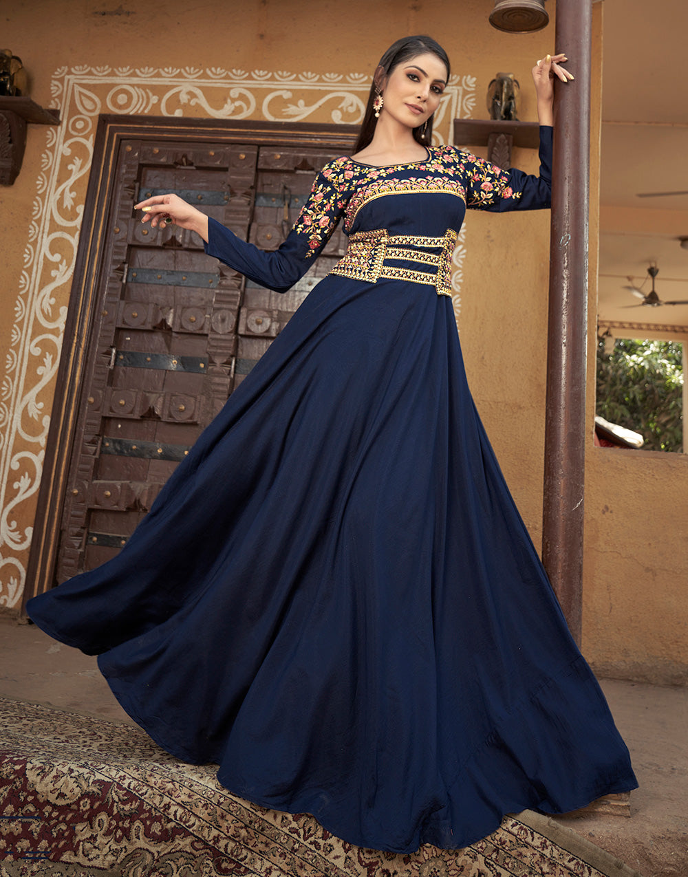 Navy Blue Muslin With Heavy Embroidery Work Gown